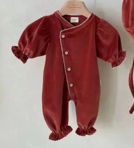 Spring and Autumn new baby jumpsuit round neck slanted collar single breasted long sleeved crawling suit