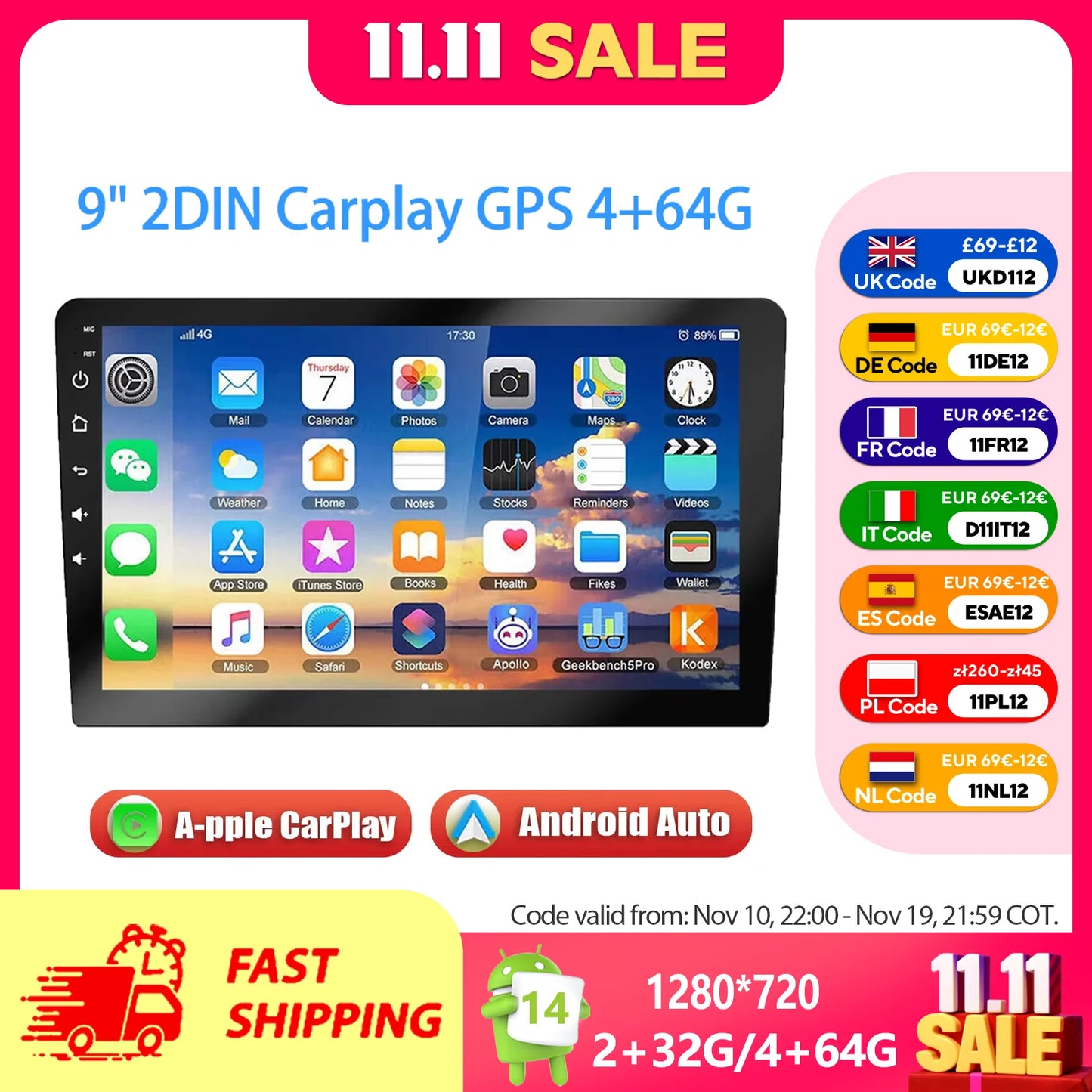 ESSGOO 9 Inch 2 DIN Car Stereo Radio Wireless Car-play Android Auto Car Stereo Bluetooth 64 G GPS Navigation RDS WiFi USB FM DAB+CAM