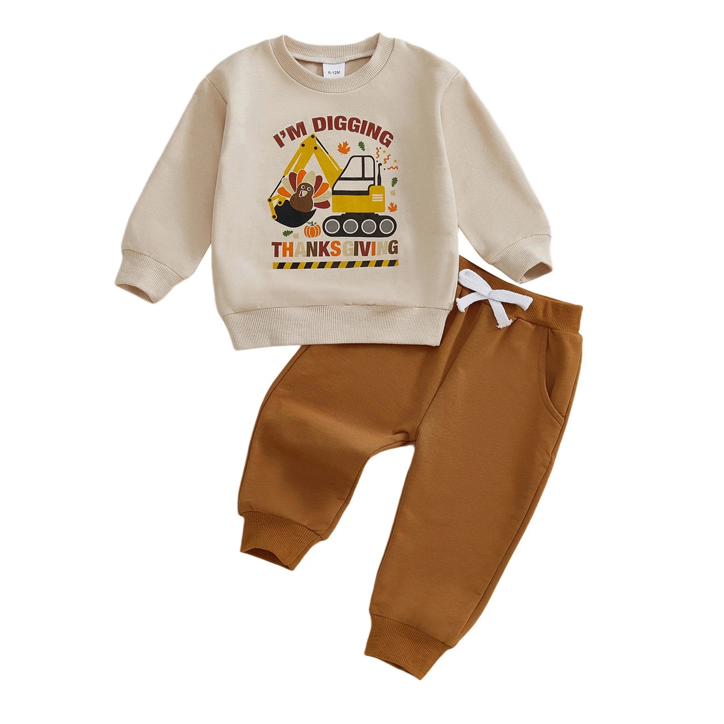 Cute Baby Thanksgiving Outfit Pumpkin Digger Graphic Print Top and Cozy Jogger Pants Set for Fall Celebrations