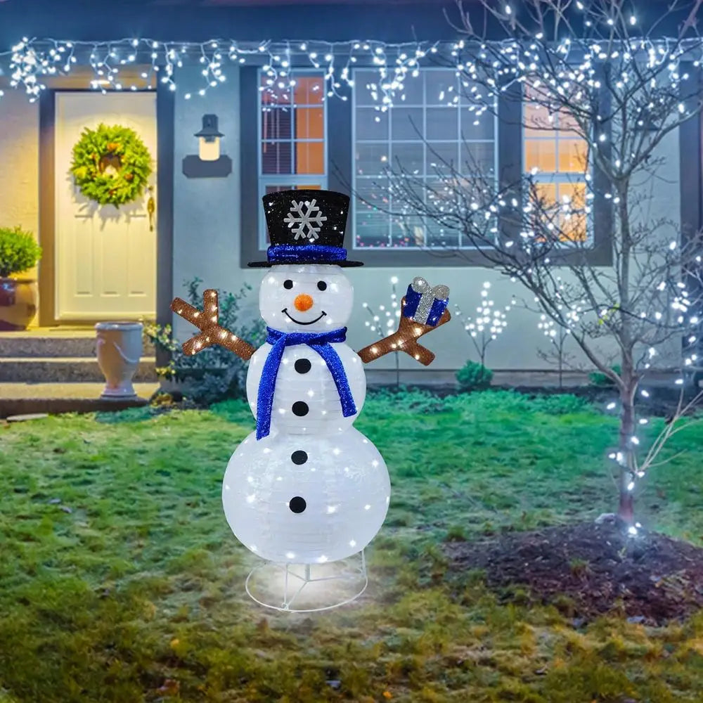 Pre-lit 100-Light Collapsible Snowman with Blue Scarf and Illuminated Gift for Outdoor Christmas