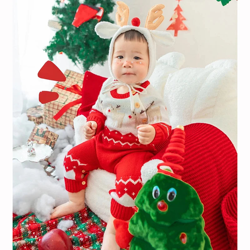 Baby Romper Clothes Winter Red Cartoon Milu Deer Knitted Newborn Infant Boy Girl Long Sleeve Jumpsuits Infant Christmas Outfits