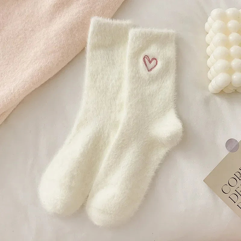 Women's Thickened Mink Fur Socks Pink Heart Embroidery Plush Sleepwear Solid Color Warm Middle Tube Autumn Winter Home Stockings