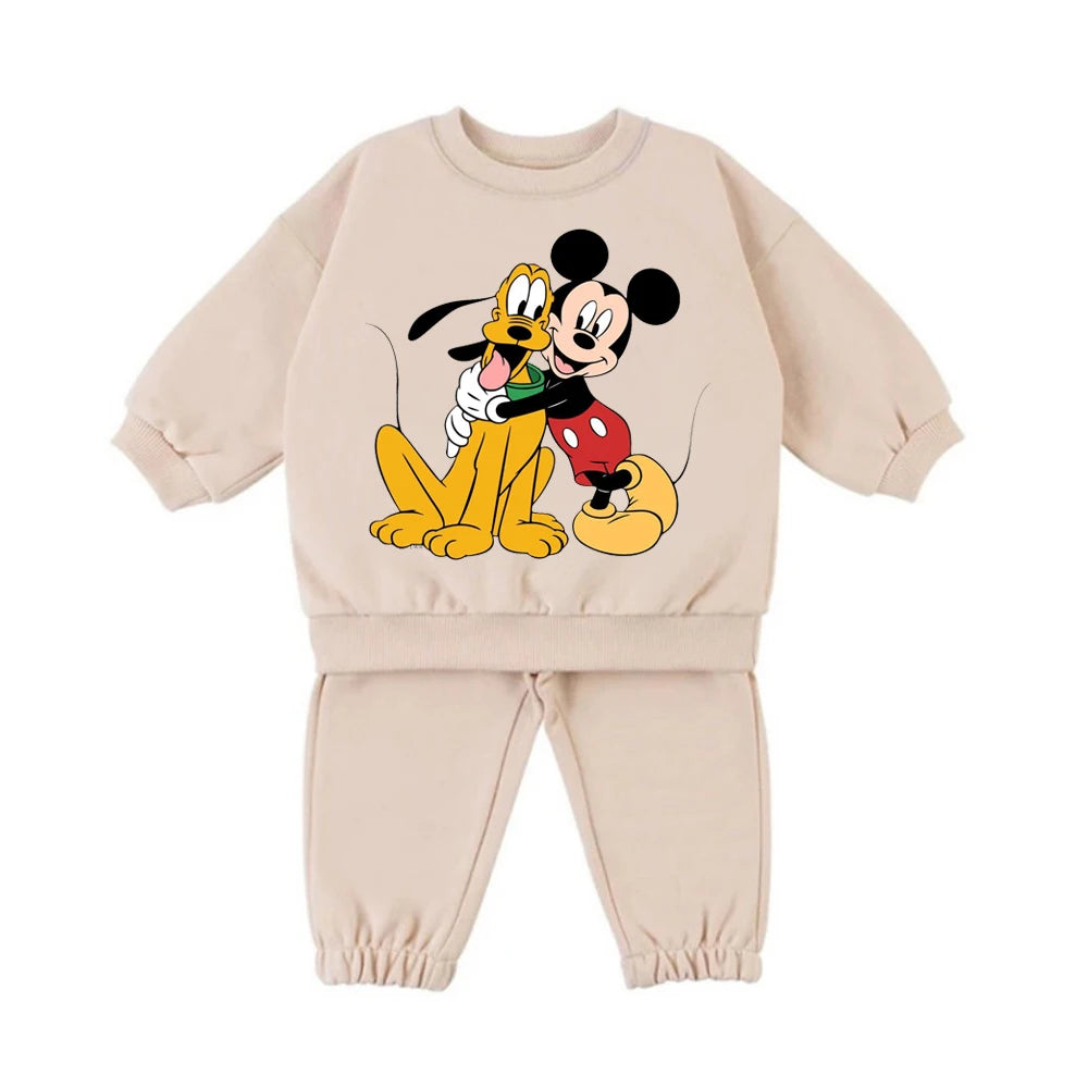 Warm Fleece Lined Baby Suit Cartoon Printed O-neck Sweatshirt + Pant 2Pcs Kids Boy / Girl Clothes
