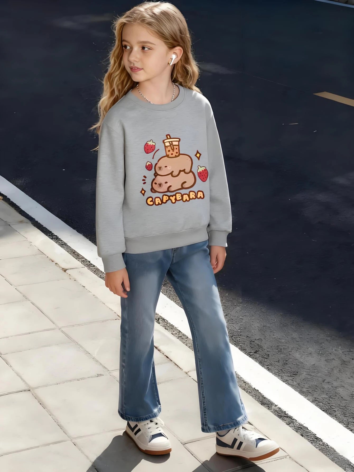 Kids / Children's Cotton Crew-neck Sweatshirt with CAPYBARA Boba Tea Stacked Animals for Boys and Girls Kawaii Style