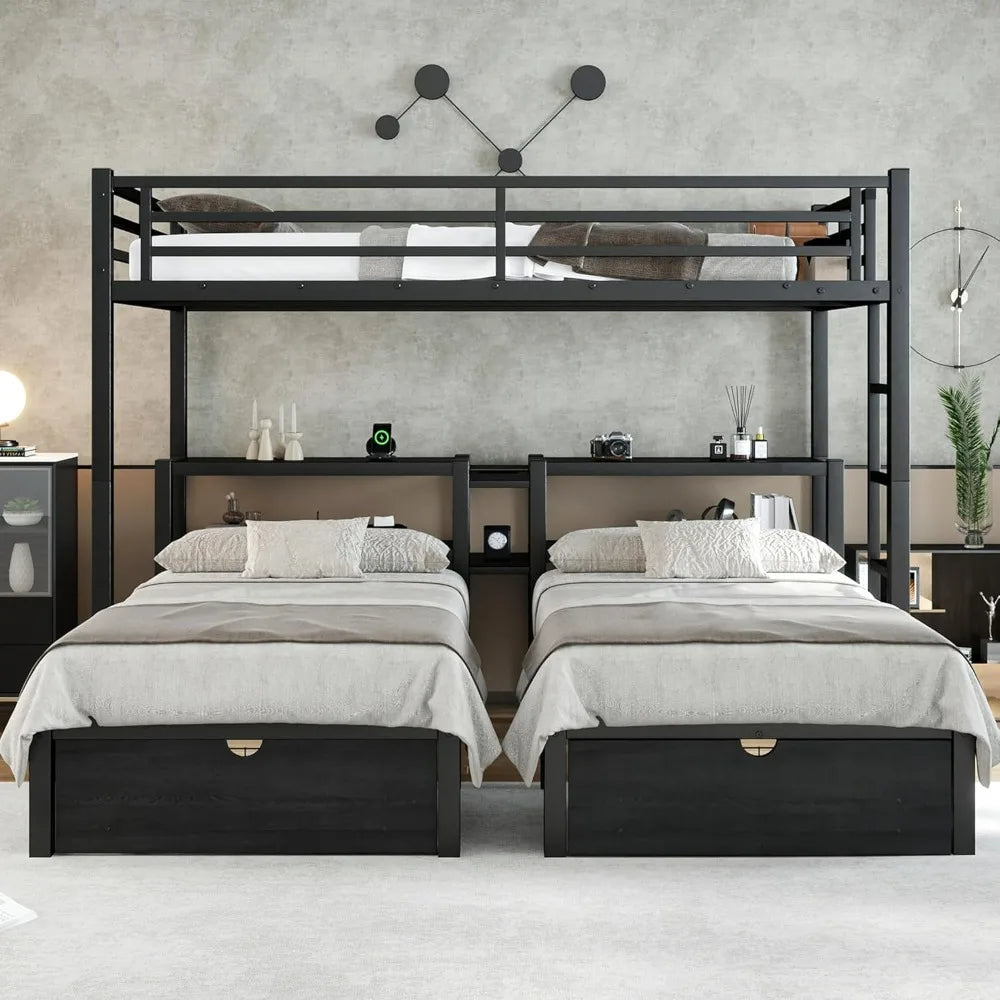 Sturdy Triple-Deck Bunk Bed with Storage, Shelves, and Charging Ports - Full XL Upper with Twin Beds Below